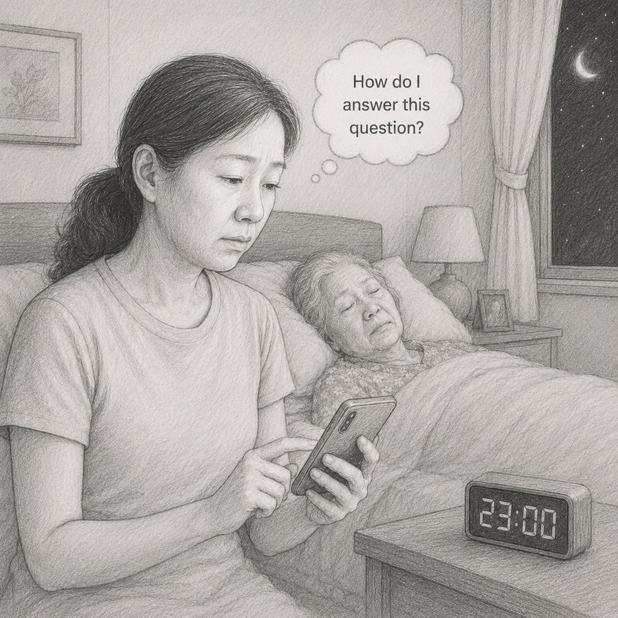 Linda sits by her mother's bedside at 11pm, holding her phone, with a thought bubble that reads 'How do I answer this question?'