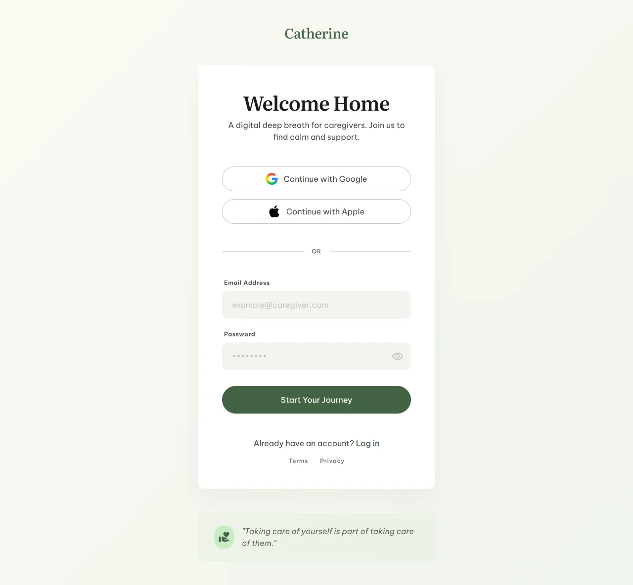 2026 Catherine sign-up screen — a calm Welcome Home page with social sign-in, a short email/password form, and supportive copy