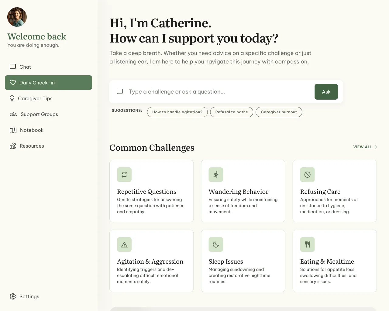 2026 Catherine home — a warm welcome with quick-topic cards for common caregiving challenges