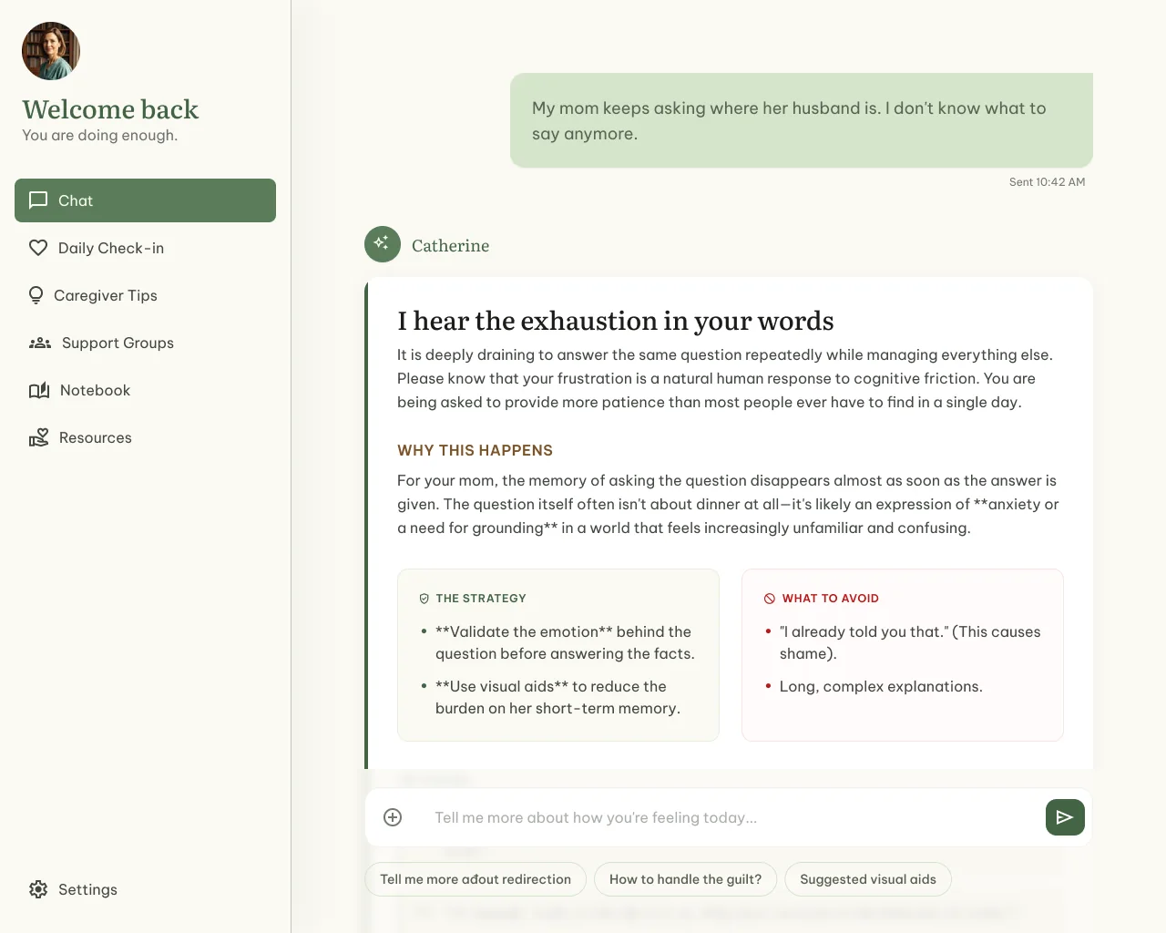 2026 Catherine conversation — a structured, easy-to-read response with emotional validation and practical guidance