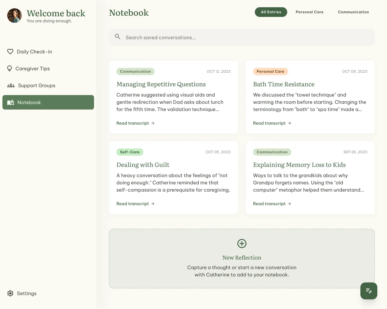 2026 Catherine Notebook — saved conversations styled as a personal journal