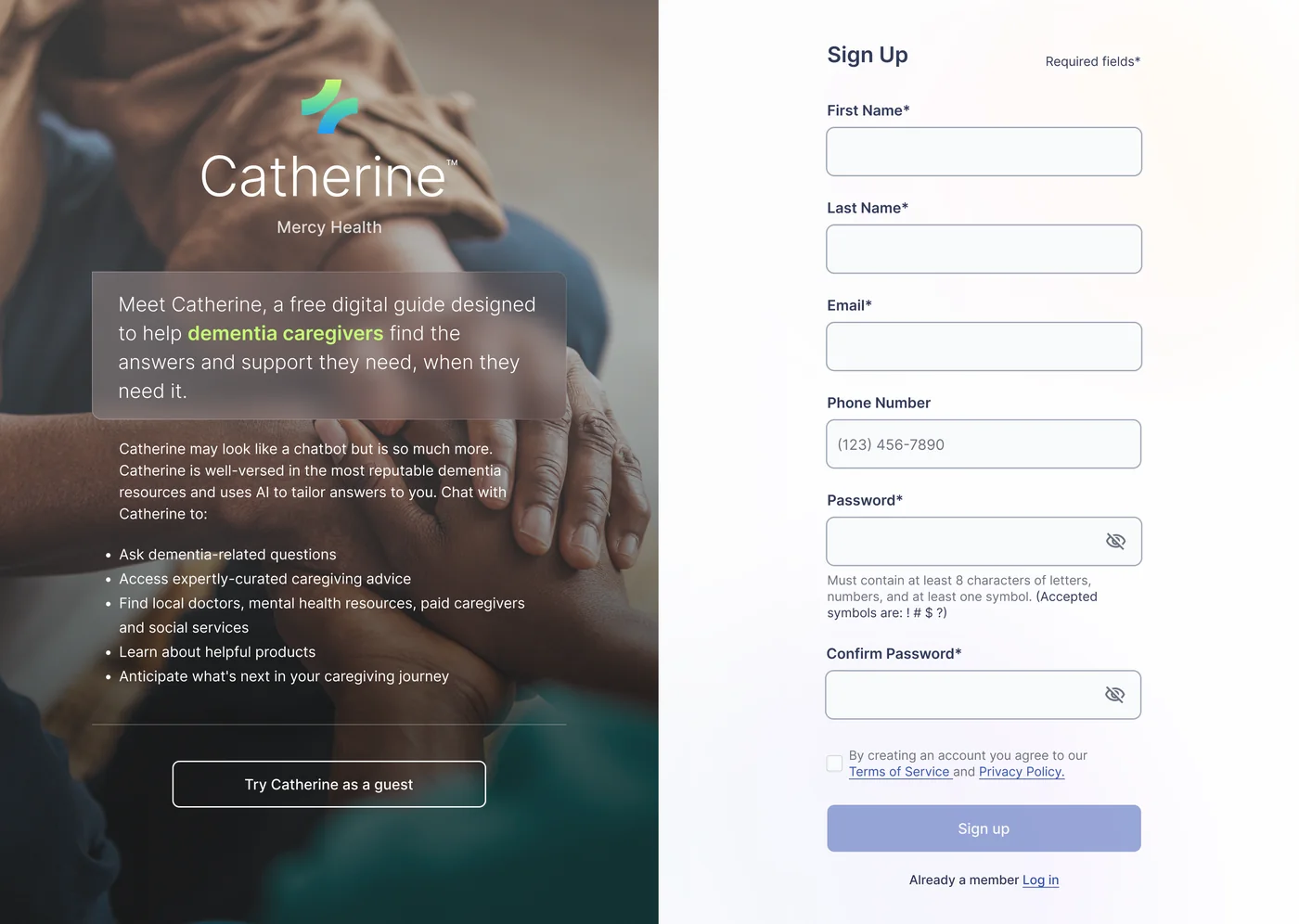 2022 sign-up screen wireframe — full-page form with required fields including phone number and password complexity rules, with 'Try as guest' demoted to a secondary link