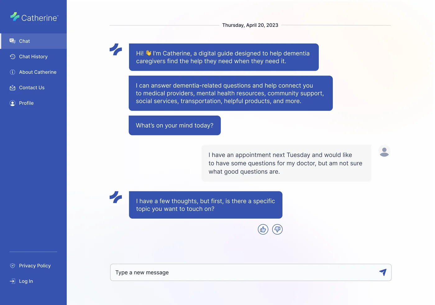 2022 chat interface wireframe — generic greeting with a topic picker first, no memory anchor or signal of continuity between sessions